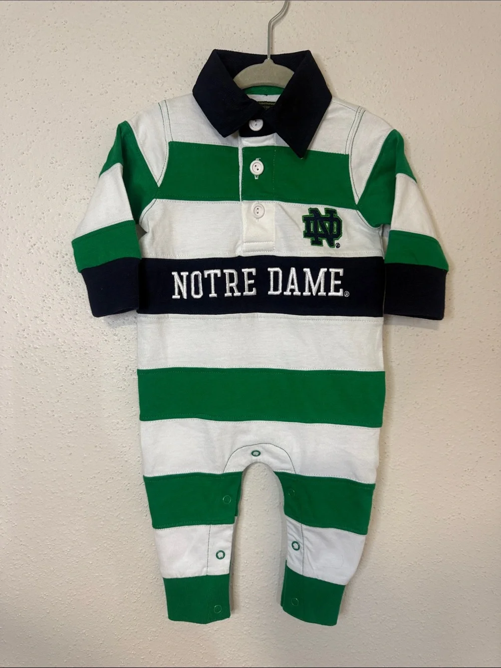 Lansdowne Notre Dame Heritage Green & White Striped Baby One-Piece Romper